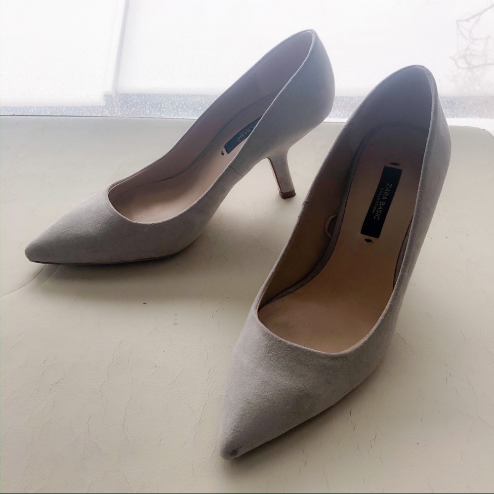 🌟ZARA Gray Suede Kitten Angled Pointed Toe Pump 6